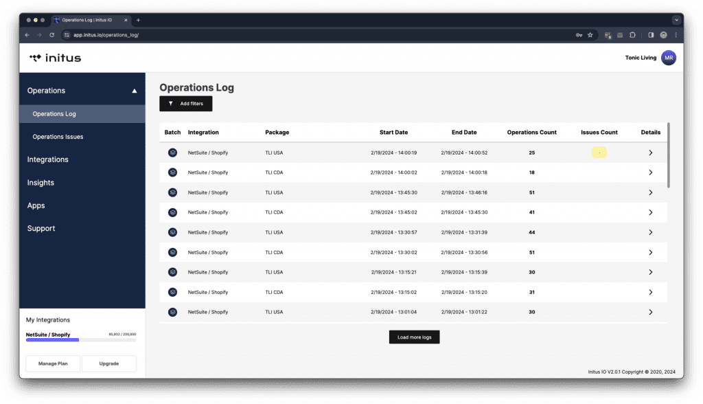 Screens of our new Operations Log Dashboard. Unveiling Initus IO 2.0.