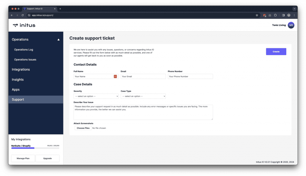 In this new version you can create a Support Ticket directly from the dashboard. Unveiling Initus IO 2.0: Release notes focused on UX improvements.